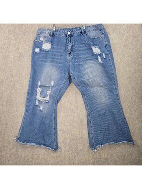 Distressed 4XL Womens Flared Denim Blue Jeans Mid-Rise Ripped High-Stretch Blend